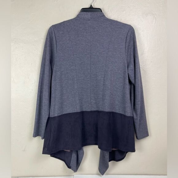 LOGO Lori Goldstein Blue French Terry Cardigan sz Large Open Waterfall Neckline - Picture 2 of 10